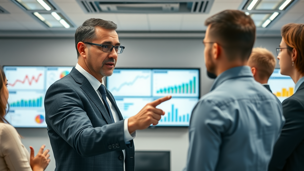 Part-time CMO guiding team in high-tech boardroom, discussing marketing analytics