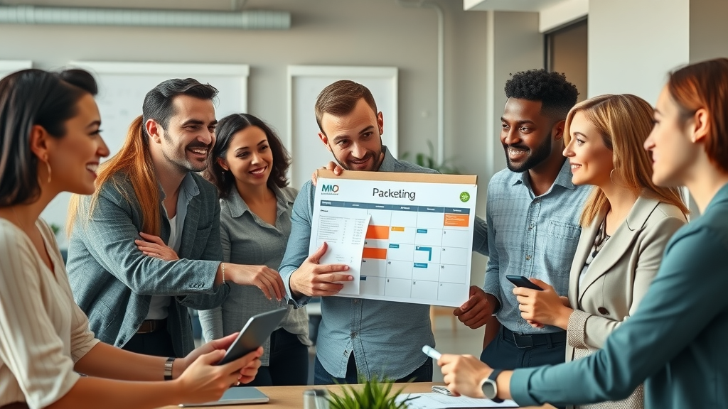 Fractional CMO guiding a diverse marketing team collaborating in a creative agency boardroom with campaign calendar