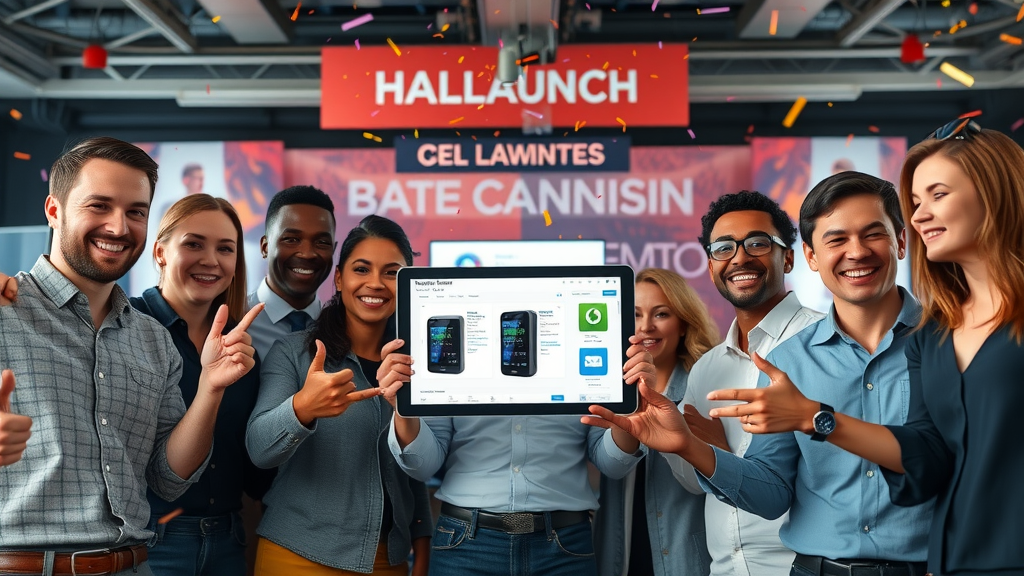 Product launch team unveiling a new digital product for market expansion and growth