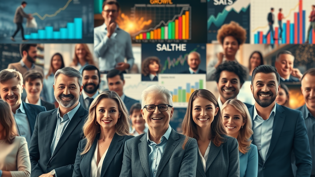 montage of thriving companies with growth charts and executive teams, showcasing results of fractional chief marketing officer success
