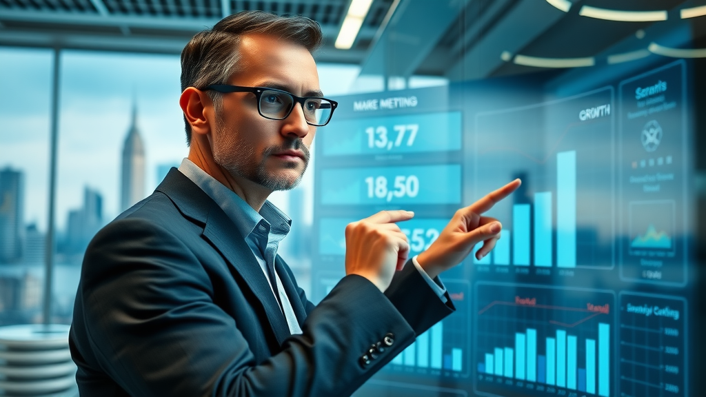 Thoughtful executive studying digital marketing charts, growth metrics displayed, fractional chief marketing officer in high-tech boardroom