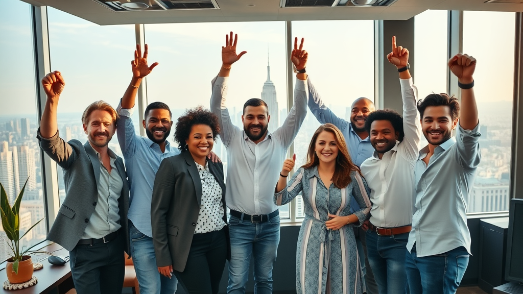 Diverse tech company team celebrating marketing success led by fractional CMO. benefits of fractional cmo, enterprise marketing strategy.