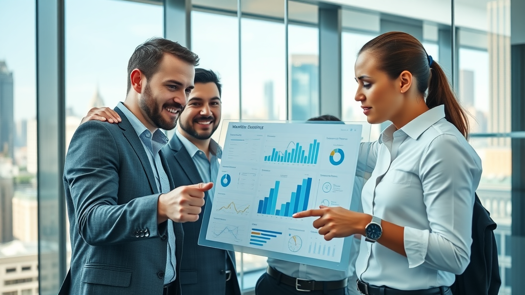 Insightful business team analyzing marketing data on a digital dashboard, fractional CMO case studies in action, modern glass-walled office, city skyline