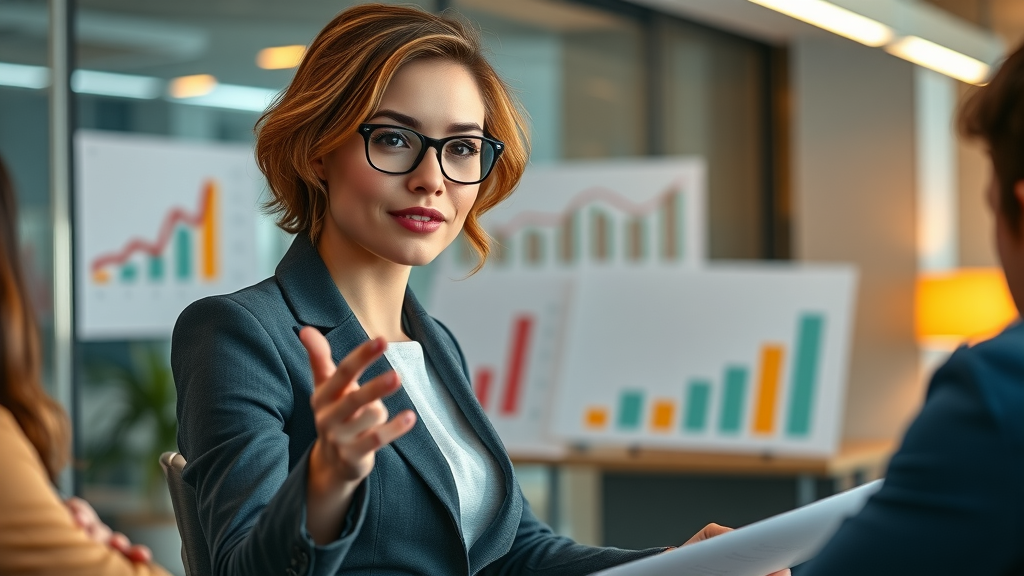 ambitious marketing executive leading a strategic planning session with a small team, contemporary office setting with growth charts