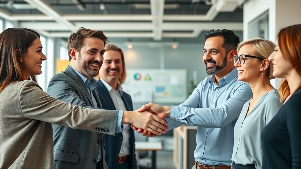 welcoming new marketing leader to internal team, handshake, outsourced marketing leadership integration