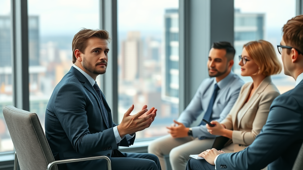 Composed marketing executive in interview evaluated for fractional CMO role
