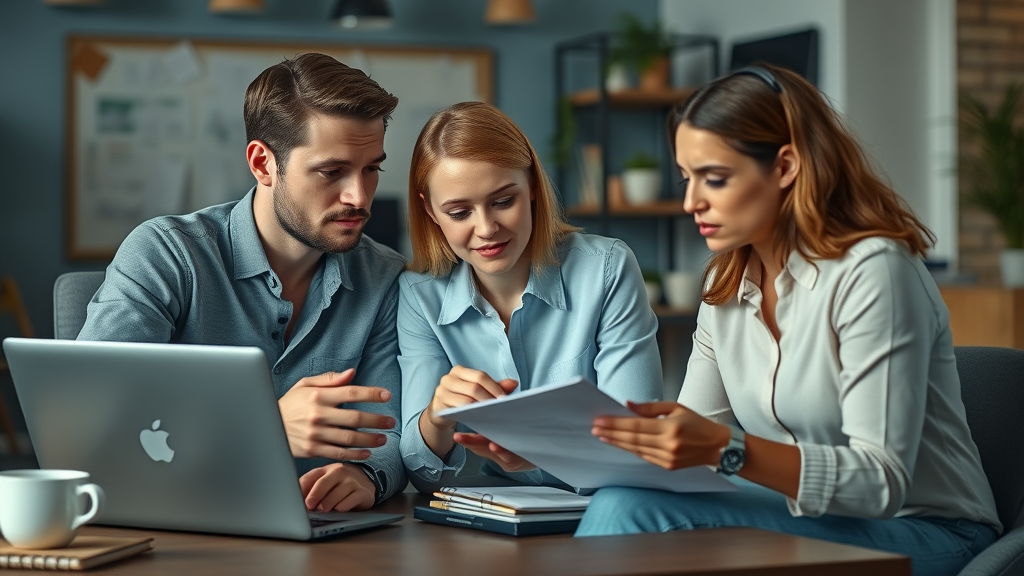 Thoughtful small business team analyzing limited marketing budget in cozy workspace
