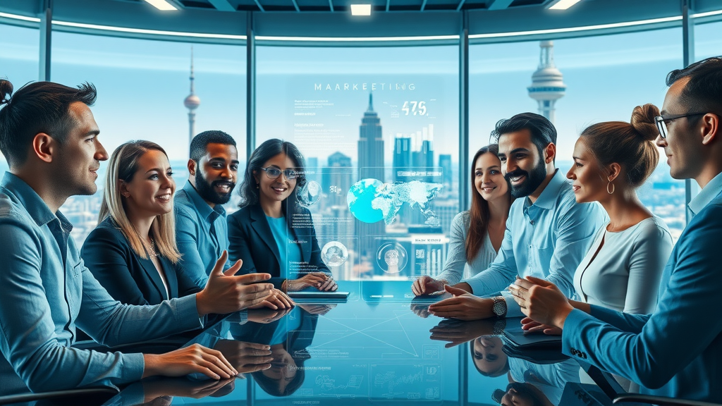 Outsourced marketing leadership: Futuristic office with tech-savvy CMO and diverse team discussing AI-driven strategies with holographic data