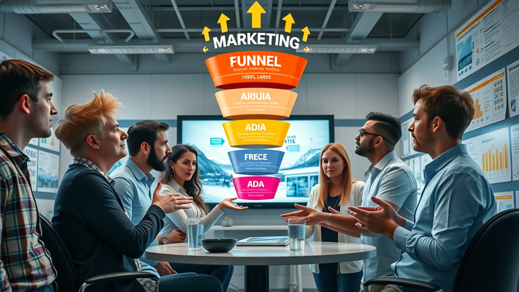 creative visualization of the AIDA marketing funnel, scalable marketing frameworks, collaborative marketer group