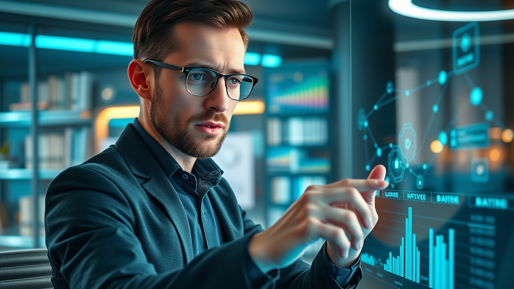 Skilled marketer using analytics dashboard, holographic data display, fractional chief marketing officer leveraging data-driven marketing strategies
