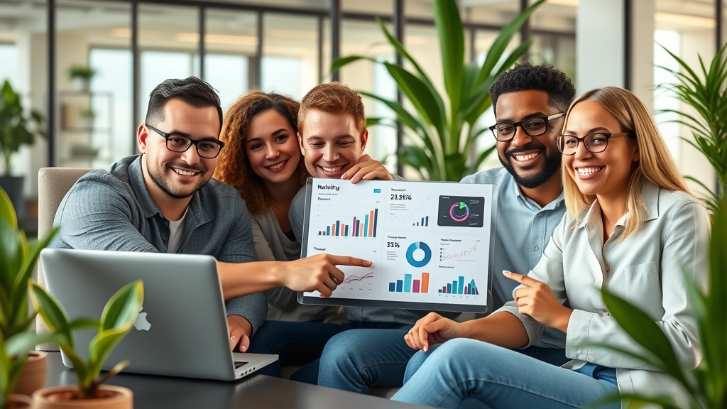 Small business marketing solutions team collaborating in modern coworking space