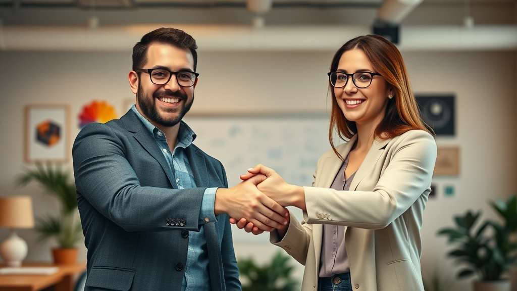 Outsourced marketing leadership: Marketing leaders celebrating successful partnership, confident handshake in modern workspace