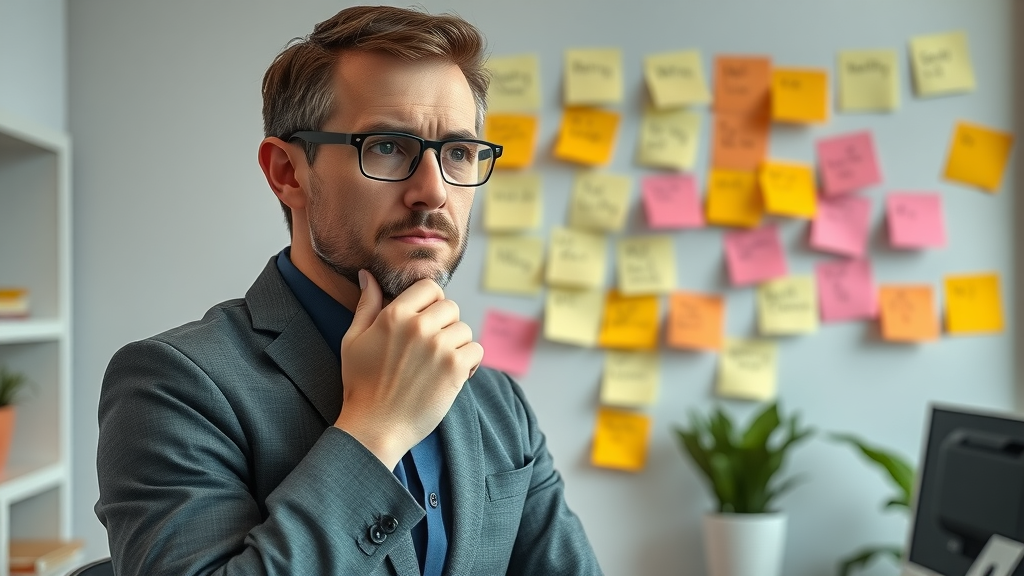 concerned small business owner facing wall with sticky notes listing digital marketing challenges