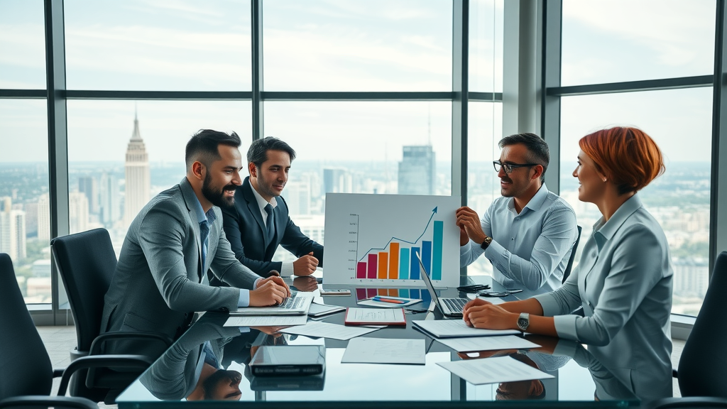 marketing strategy consulting team analyzing growth charts in a dynamic corporate boardroom