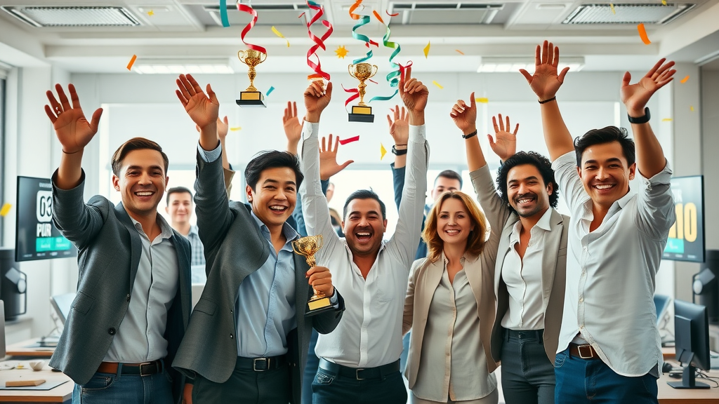 Business team celebrating a successful campaign launch in a bright modern office, marketing trophies and digital displays