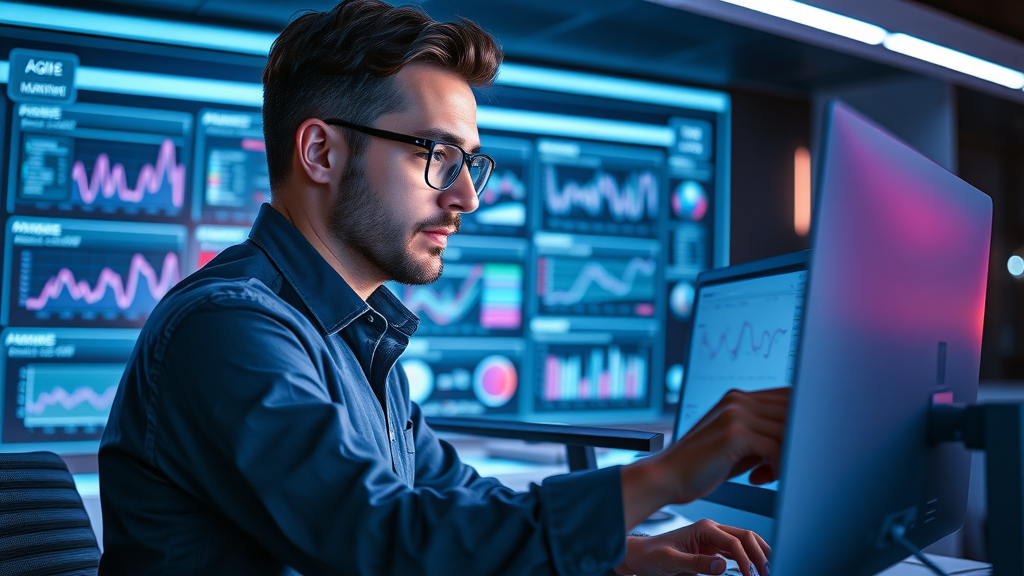 Focused fractional CMO analyzing digital data and agile marketing workflow in a futuristic coworking space