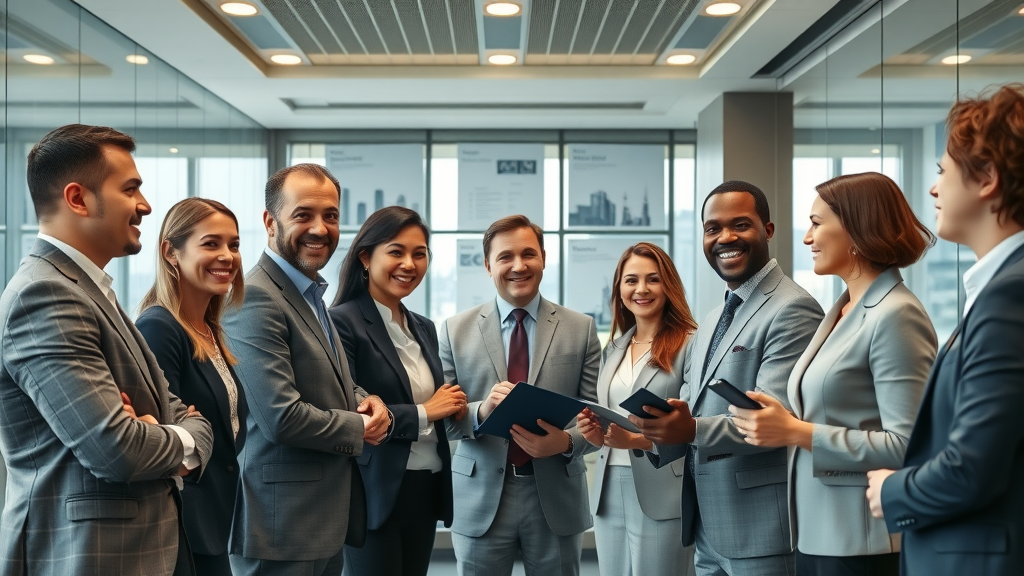 marketing consulting firm office with portfolio and consultants greeting clients