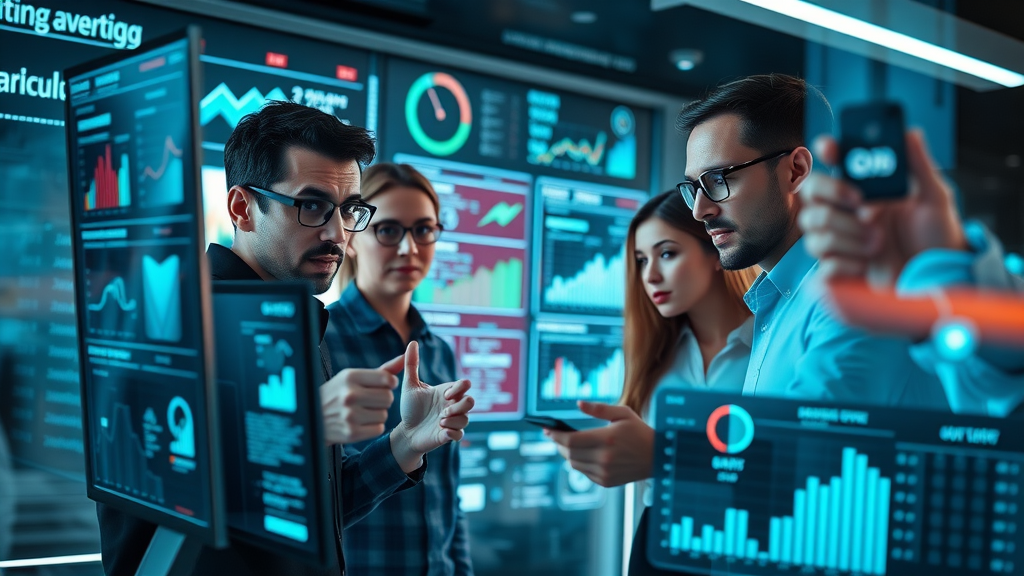 Cutting-edge marketing technology dashboard for fractional CMO, team analyzing data with digital screens and analytics