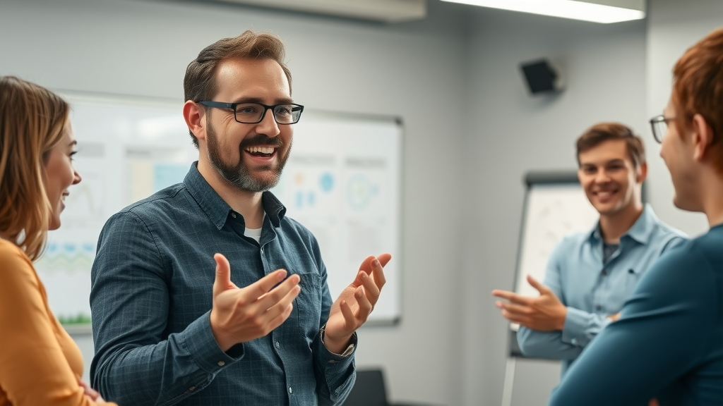 Inspirational marketing mentor guiding enthusiastic team members in skills workshop. Internal marketing leadership, benefits of fractional cmo, marketing team mentorship.