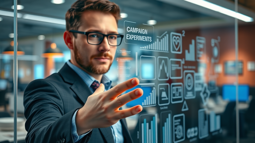 innovative growth marketing consultant mapping campaign experiments on a digital glass board in a sleek, vibrant office