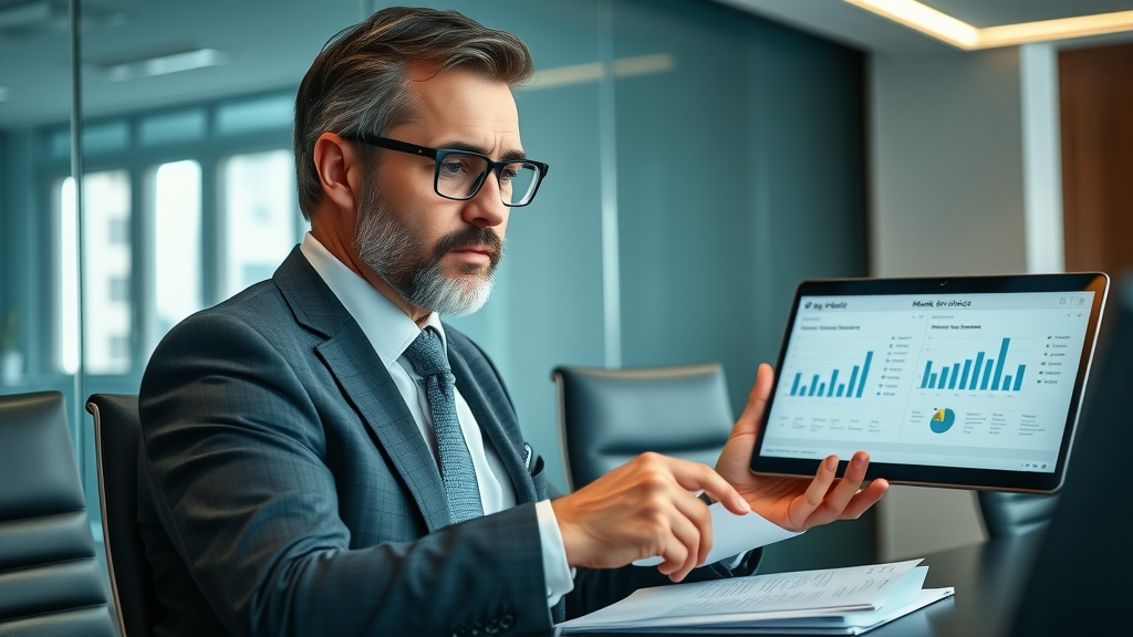 Business leader comparing marketing service proposals on digital screens, executive boardroom