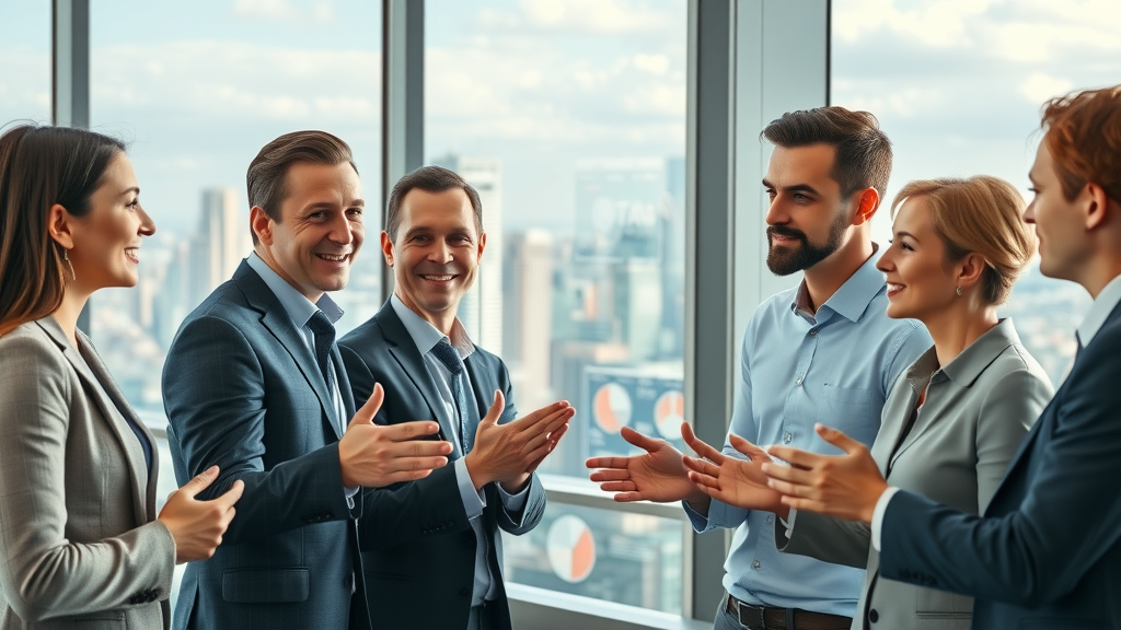 Professional business team in a modern high-rise office, confident expressions, engaging in collaborative strategy discussion, fractional chief marketing officer