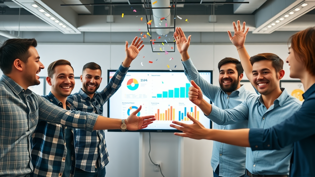 triumphant startup team celebrating marketing growth, fractional CMO package