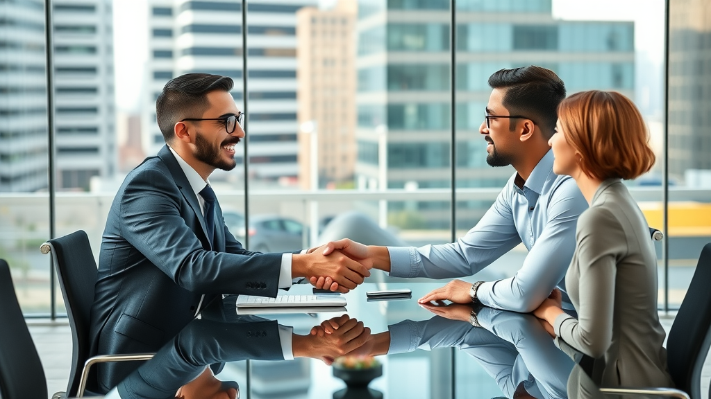 Founders interviewing fractional CMO candidate, marketing leadership hiring process, professional business environment