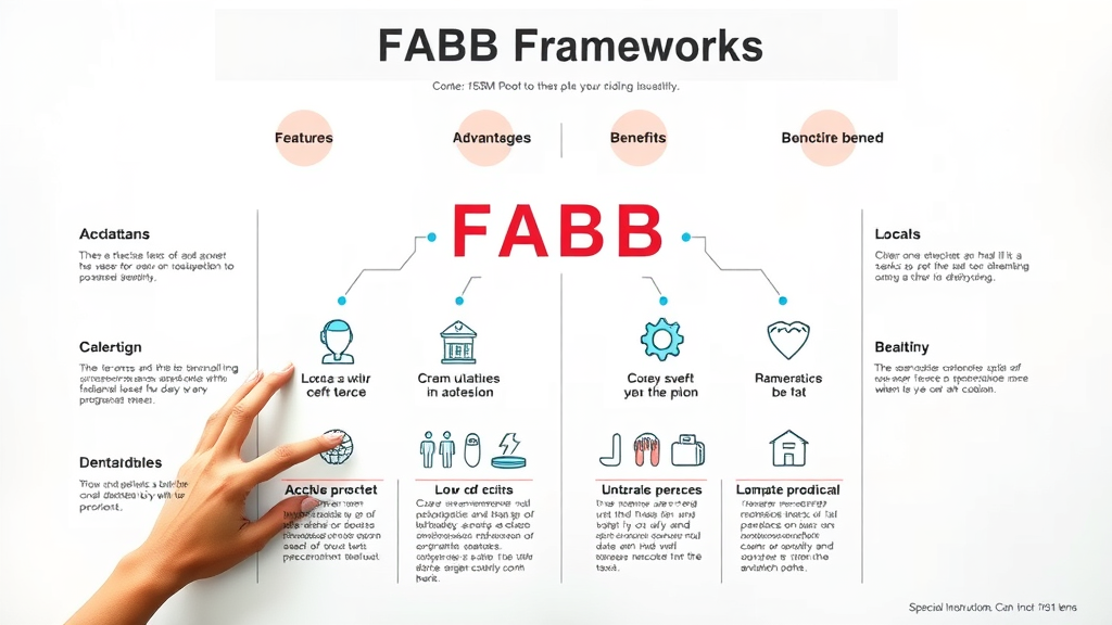Infographic illustrating the FABB framework marketing elements with icons for features, advantages, benefits, and benefit of benefit