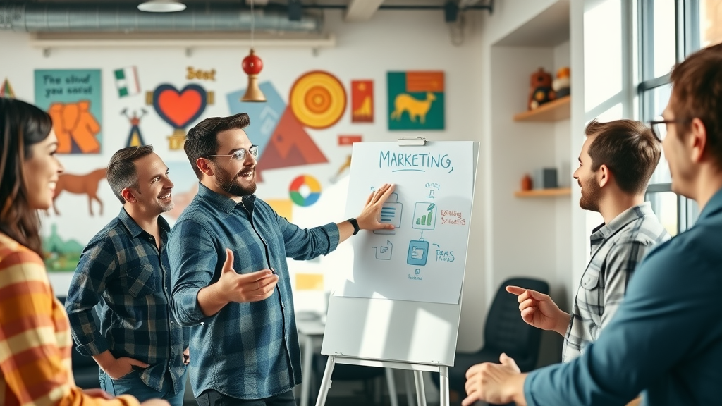 Dynamic marketing leader introducing new ideas via marketing leadership outsourcing, diverse team brainstorming in open workspace