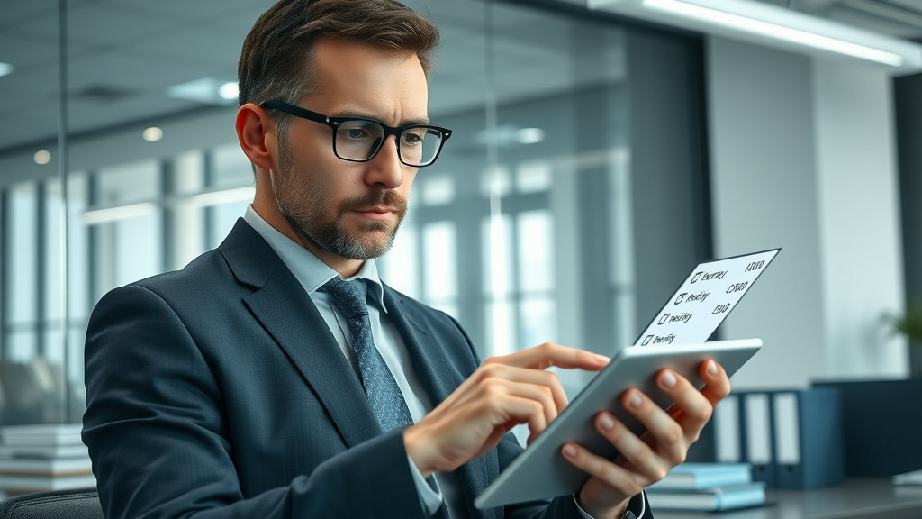 Business manager filling out an executive readiness checklist on a tablet