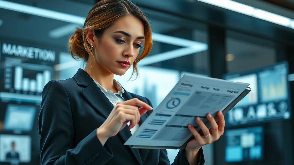 executive woman reviewing marketing plan on tablet, fractional chief marketing officer
