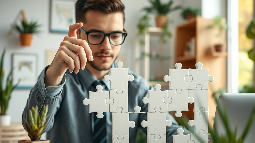 small business growth concept with business owner adjusting modular marketing puzzle pieces