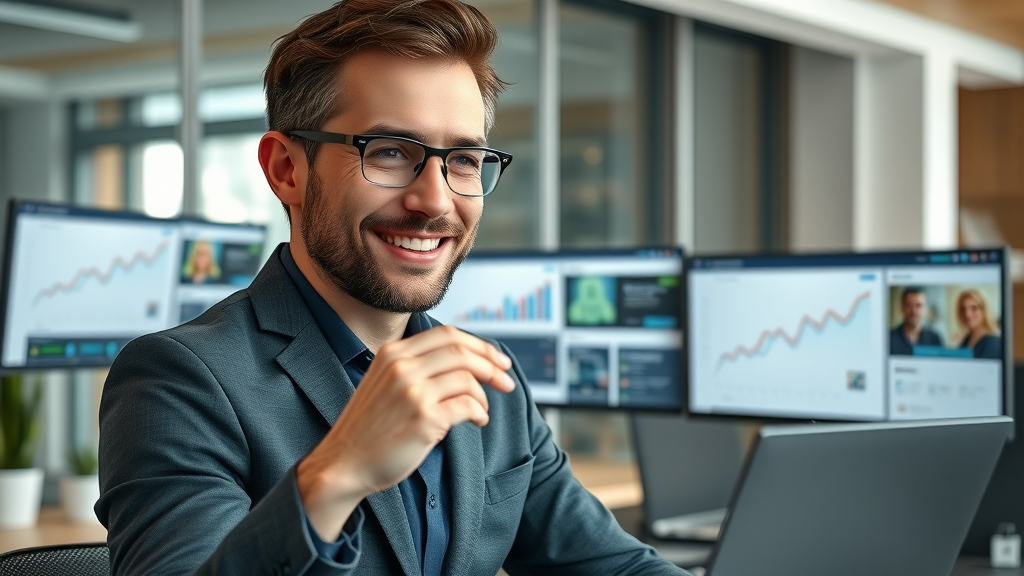 Focused small business owner strategizing digital marketing solutions for SMBs in modern office