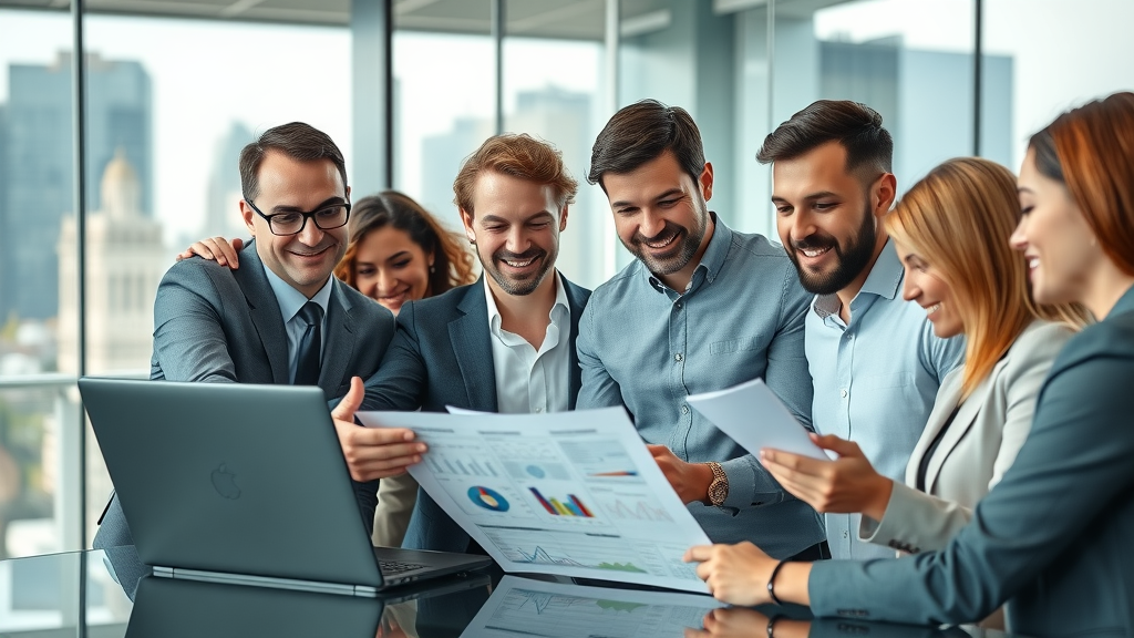 dynamic business team collaborating over marketing data and laptops, outsourced marketing leadership in a modern office