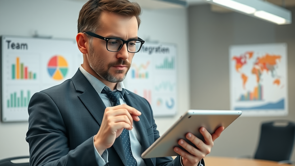Business leader assessing seamless fractional CMO integration readiness on a digital tablet in a modern meeting room