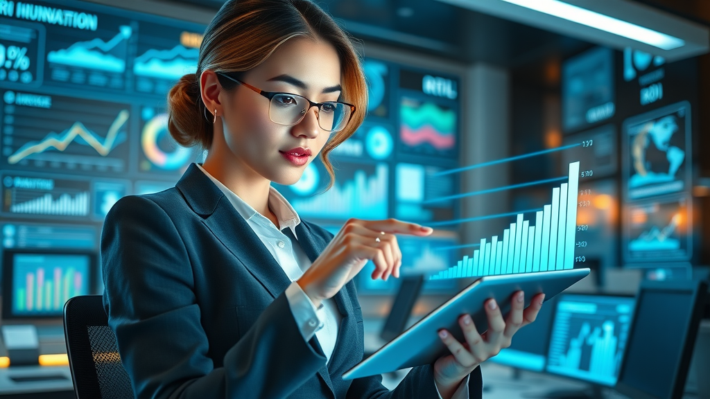 business leader pointing at rising ROI graphs with digital analytics from fractional cmo engagement