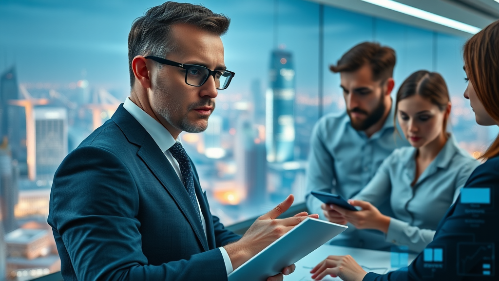 modern telecom executive overseeing team implementing digital marketing strategies in high-rise office