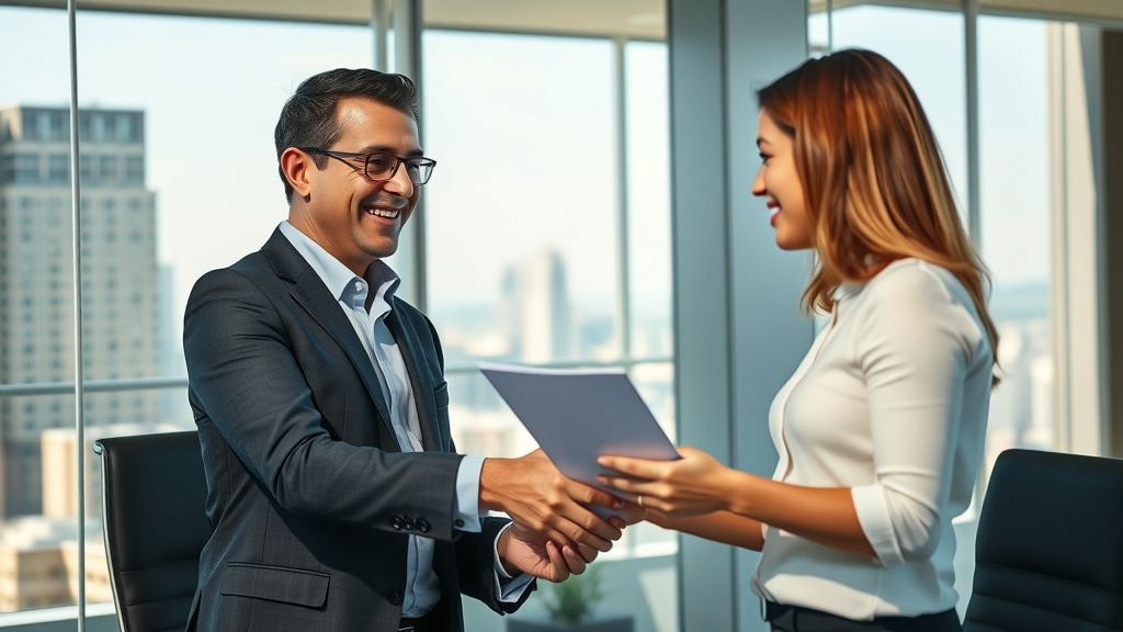 Confident entrepreneur meeting with candidate in boardroom, hiring a fractional chief marketing officer