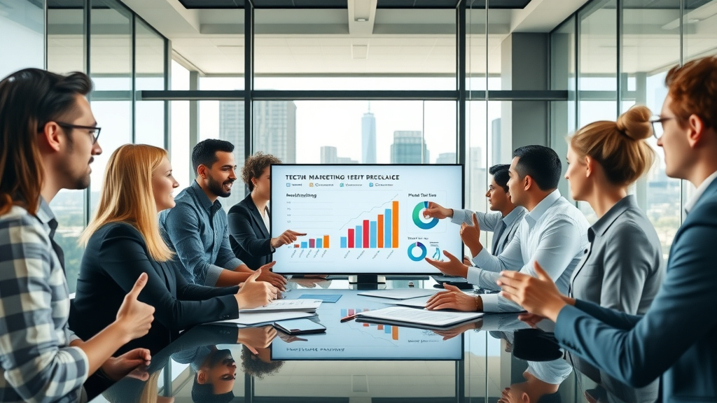 Fractional CMO roles and responsibilities modern tech startup boardroom, diverse team strategizing for marketing growth