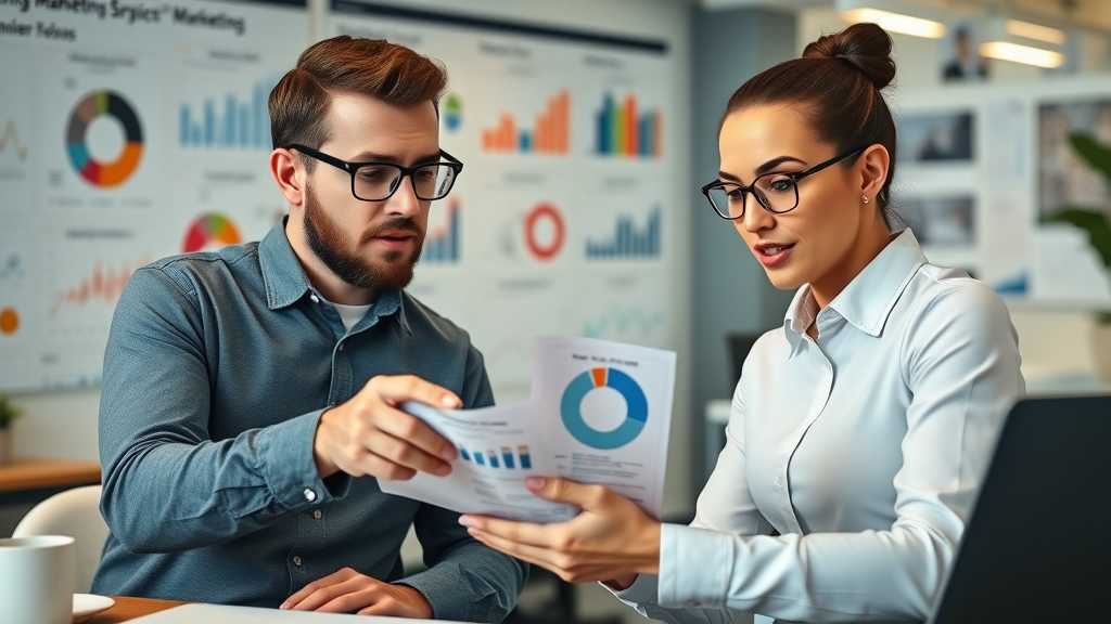detailed digital marketing strategy session with business owners analyzing target audience data