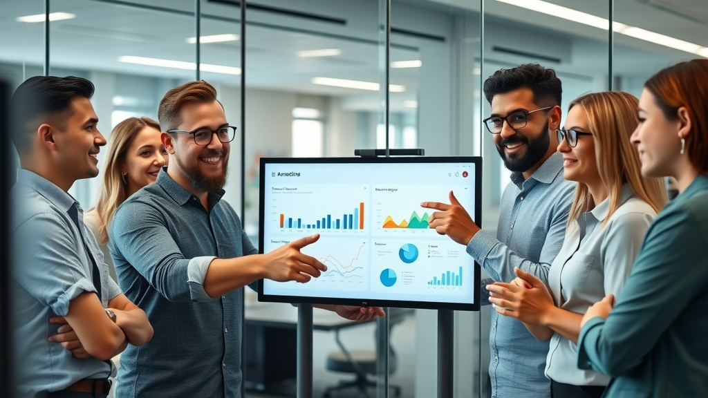diverse marketing operations team reviewing analytics on a digital dashboard together, depicting roles and skills needed by every marketing ops team member