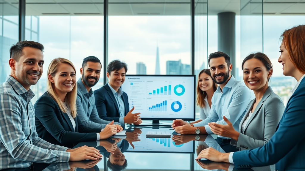 seamless marketing leadership team collaborating on strategy in a modern office with digital screens showing marketing and sales data