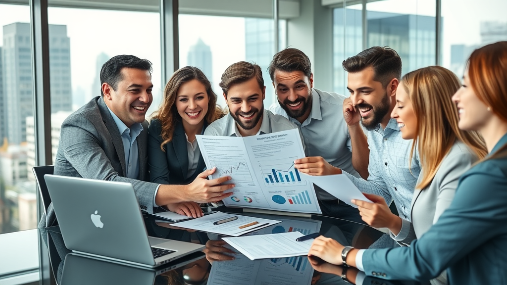 Dynamic business team collaborating on marketing strategy with fractional CMO services, glass-walled conference room, cityscape view, digital charts visible