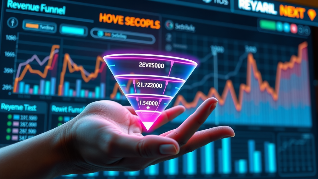 futuristic infographic illustrating revenue funnel stages and growth marketing consultant strategies