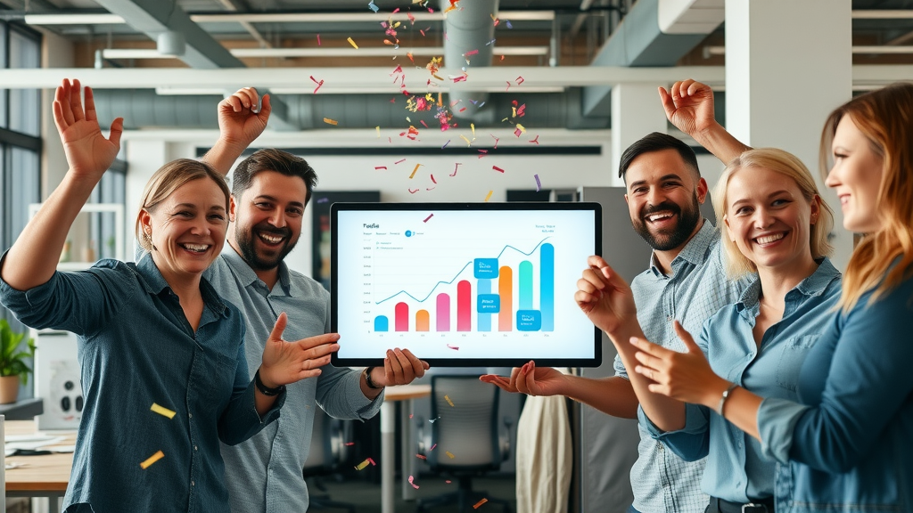 motivated marketing team celebrating successful KPI growth, open-plan creative workspace, tracking marketing officer performance, vibrant daylight, no text, natural human gestures