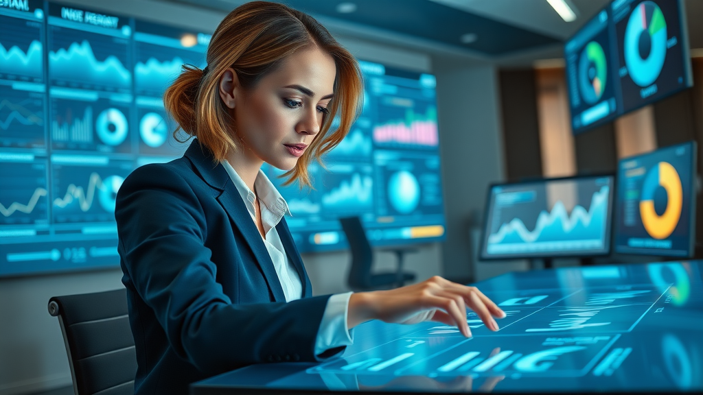 Fractional CMO roles and responsibilities focused businesswoman reviewing analytics and marketing strategy charts on digital touch table