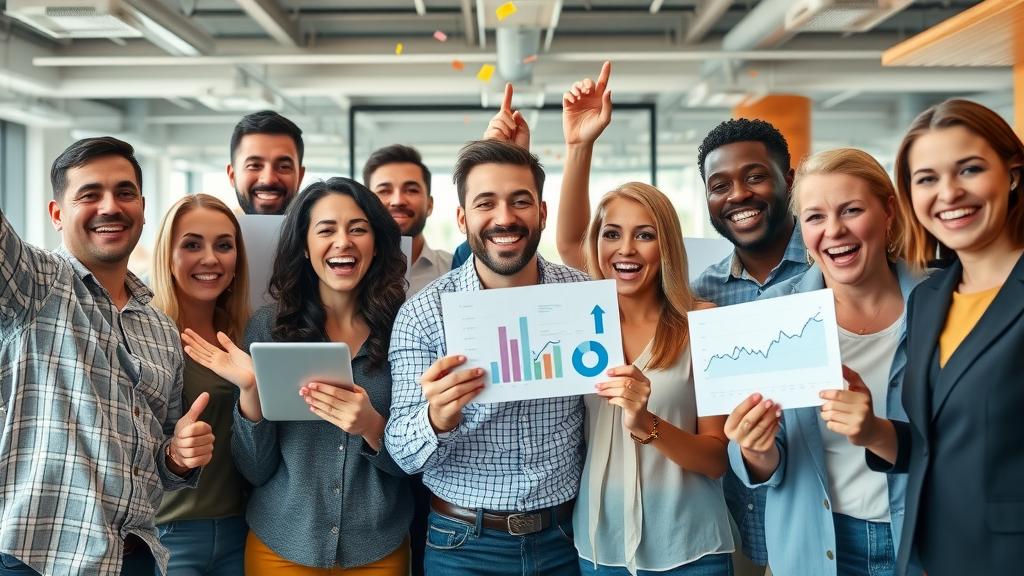 Diverse marketing team celebrating business growth, results from explore fractional cmo starter package