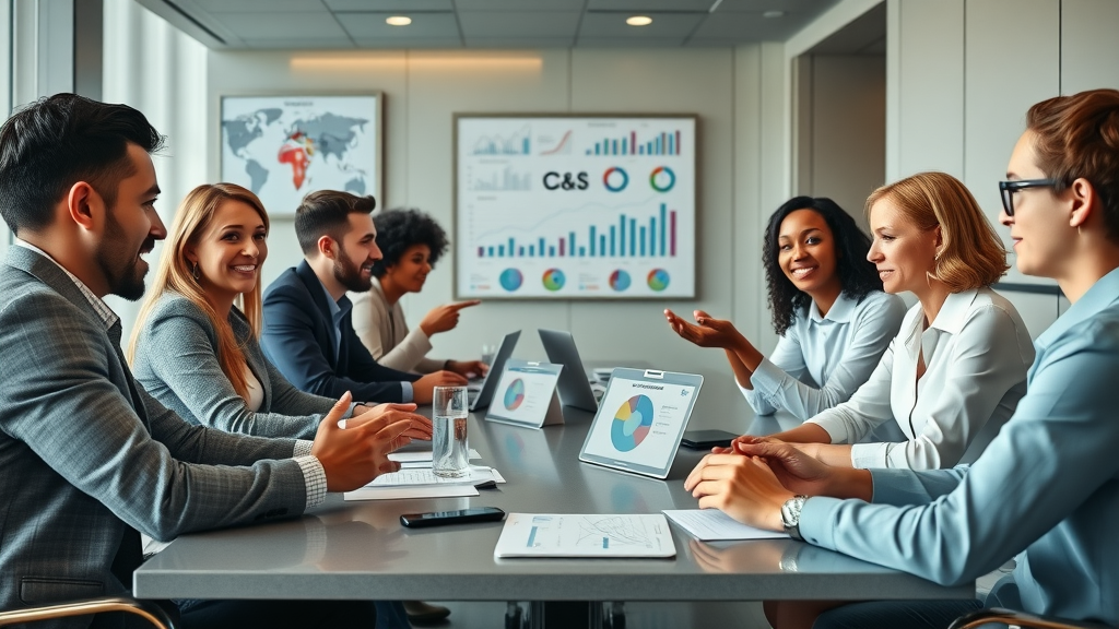 diverse marketing executives collaborating at a fractional cmo insights forum roundtable, reviewing digital marketing strategies