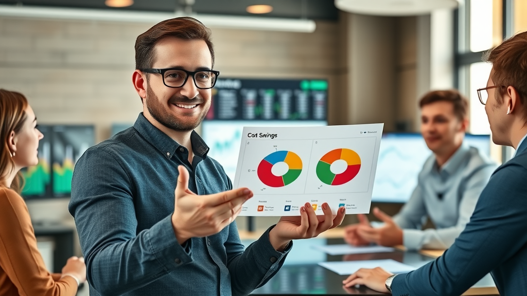 Professional marketer explaining cost savings with fractional CMO services, pie chart shown, team at open workspace with data monitors
